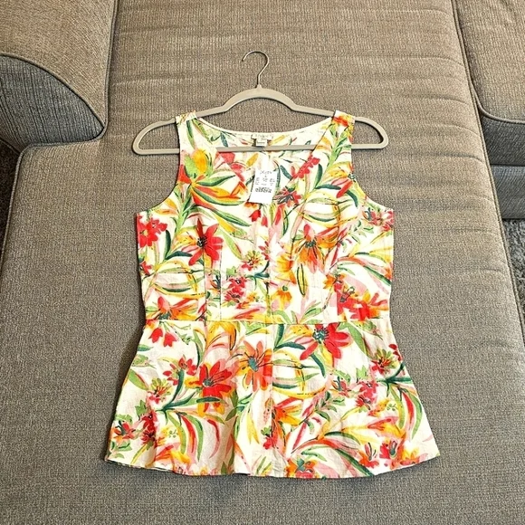 J. Crew Tropical Floral Linen Blend Lagenlook Peplum Top Size 2 - Picture 1 of 5